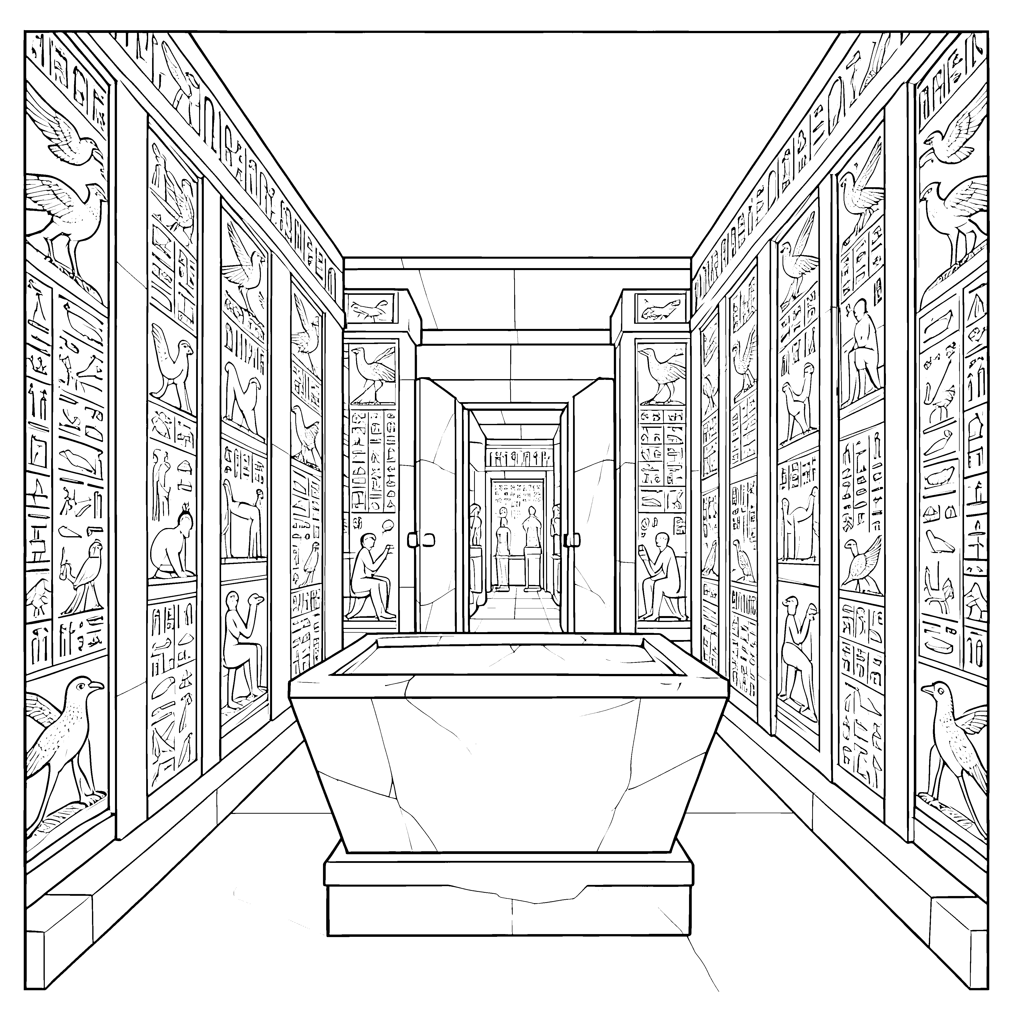 Prunkvoller Tempelgang mit Hieroglyphen Ausmalbild für mutige Ruinenforscher