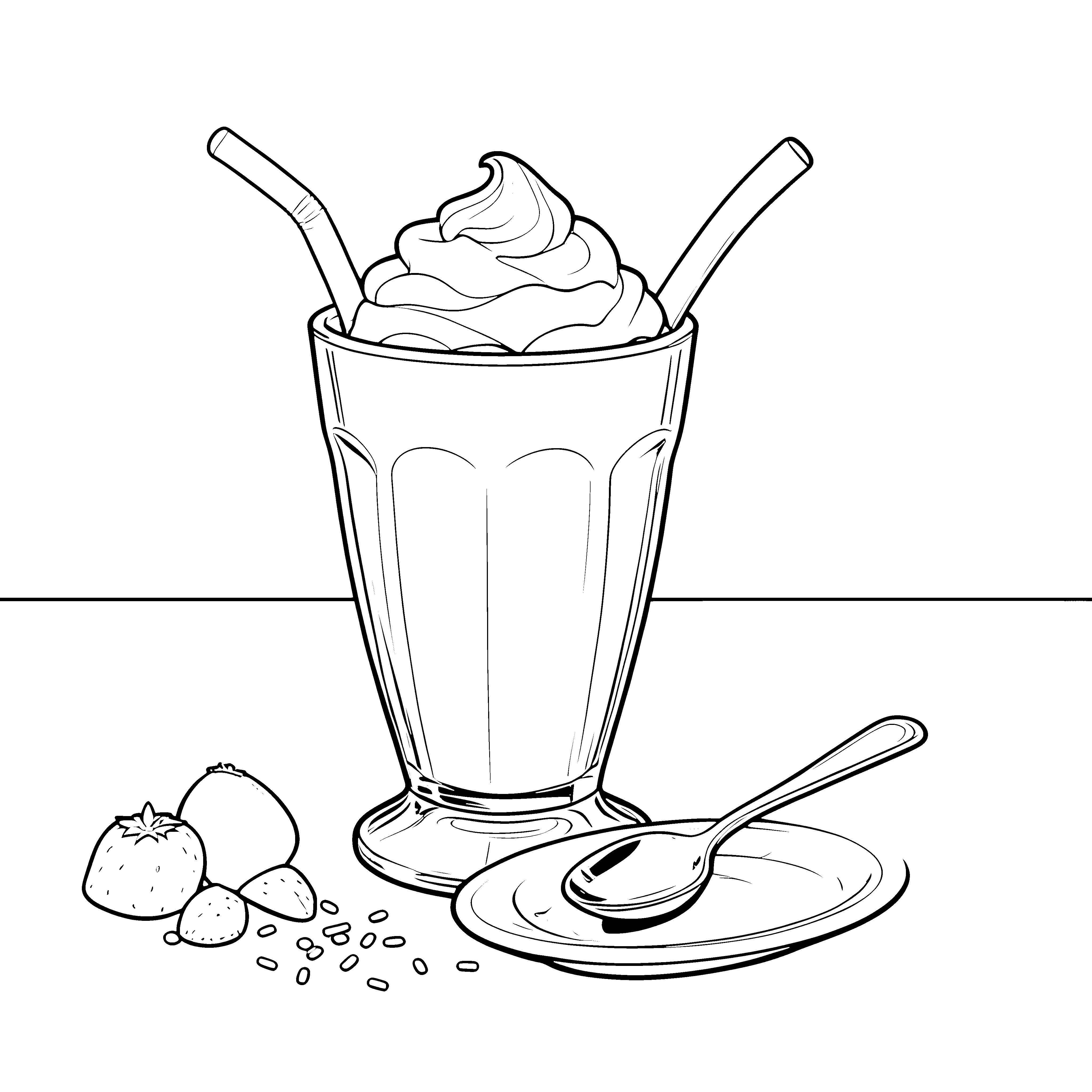 Fröhlicher Milchshake mit Löffel Ausmalbild für malfreudige Süßigkeitenfreunde