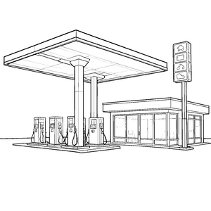 Großzügige Tankstelle mit Zapfsäulen Malvorlage für kleine Reisende