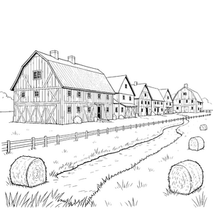 Traditionelle Bauernhäuser mit Heuballen Malbilder für kleine Landbesitzer Ausmalbild