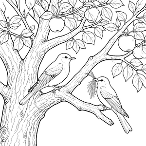 Verspielte Schwalben am Apfelbaum Malvorlage für fröhliche Obstgärtner