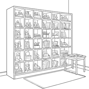 Großzügiger Sammelschrank mit Puppen und Büchern Ausmalvorlage für Spielzeugfans