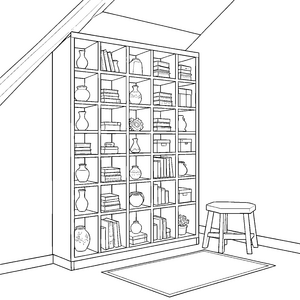 Strukturierter Sammelschrank mit Vasen und Büchern Bastelvorlage für neugierige Bibliotheksfreunde