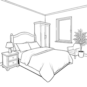 Gemütliches Schlafzimmer mit Schrank Malbild für kreative Zimmerträume