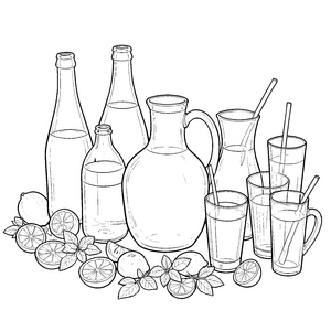 Vielfältige Limonadenflaschen und Gläser Ausmalvorlage für Durstlöscher