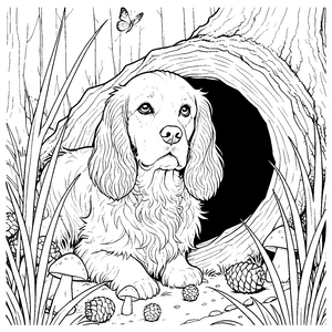 Neugieriger Cocker Spaniel im Baumstamm Malvorlage für neugierige Waldfreunde