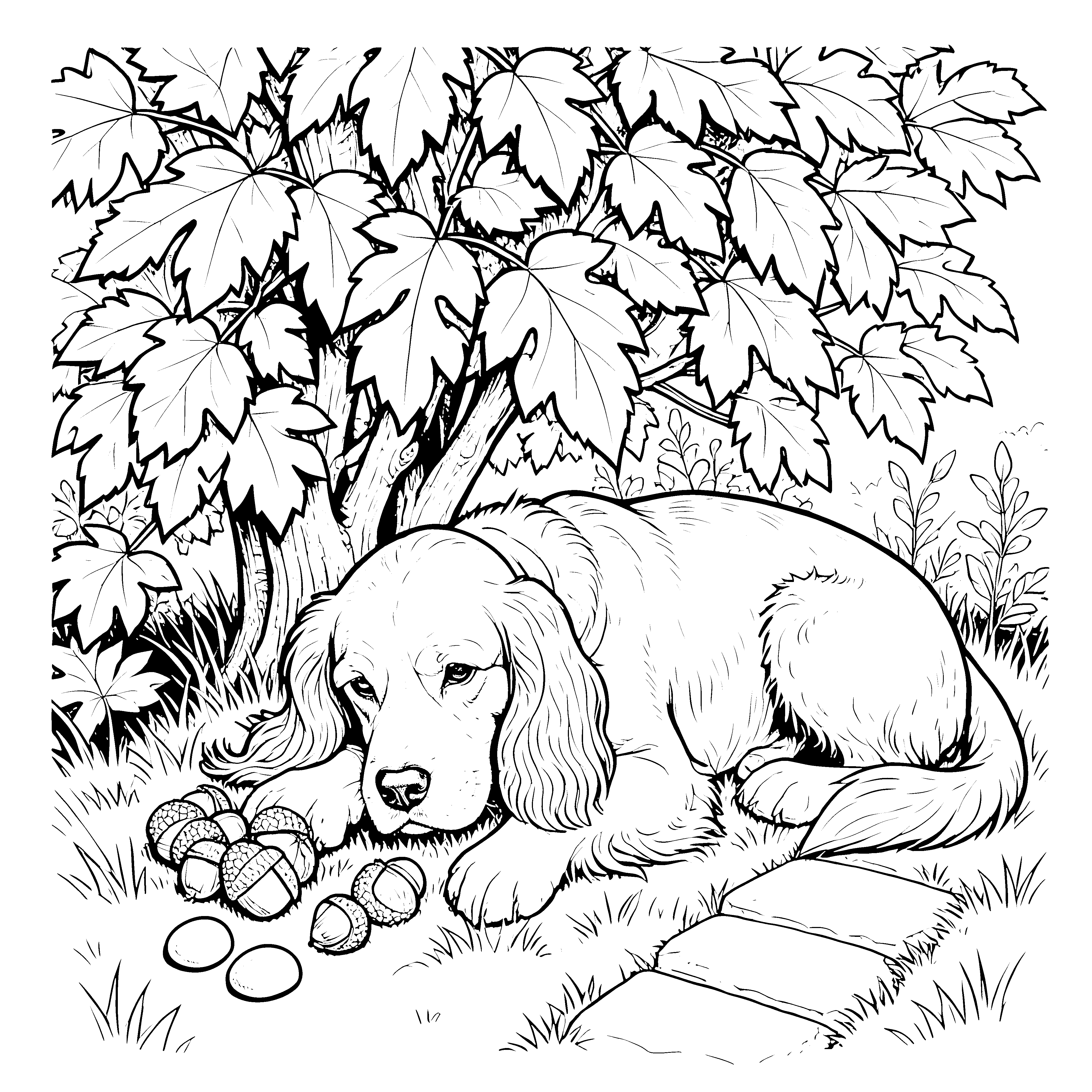 Entspannter Cocker Spaniel bei Eicheln Ausmalbild für junge Waldtiere