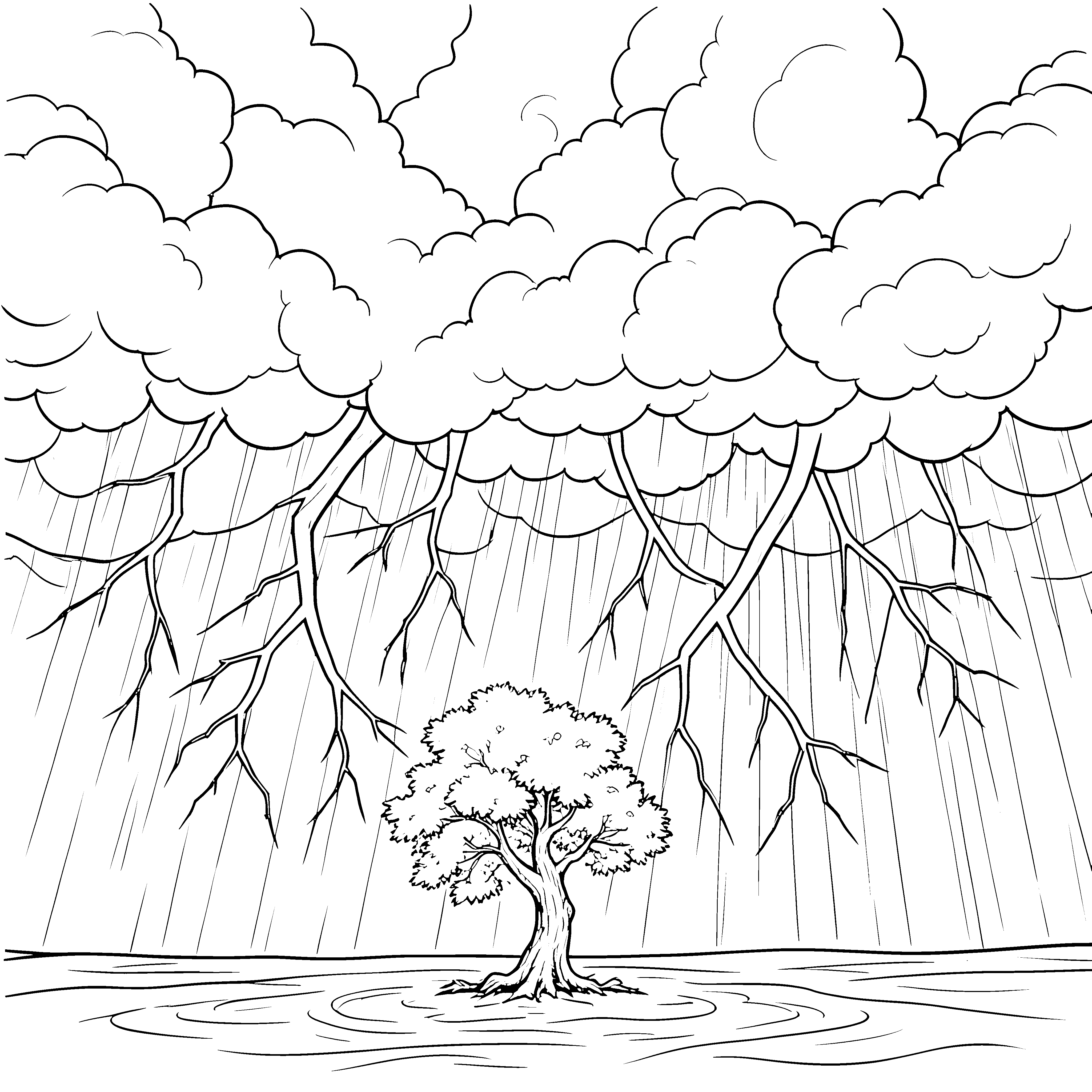 Regnerisches Gewitter mit Baum Ausmalbild für Naturpioniere
