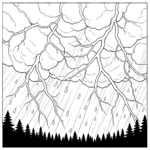 Wildes Gewitter mit Blitzen und Regen Malbild für Waldforscher