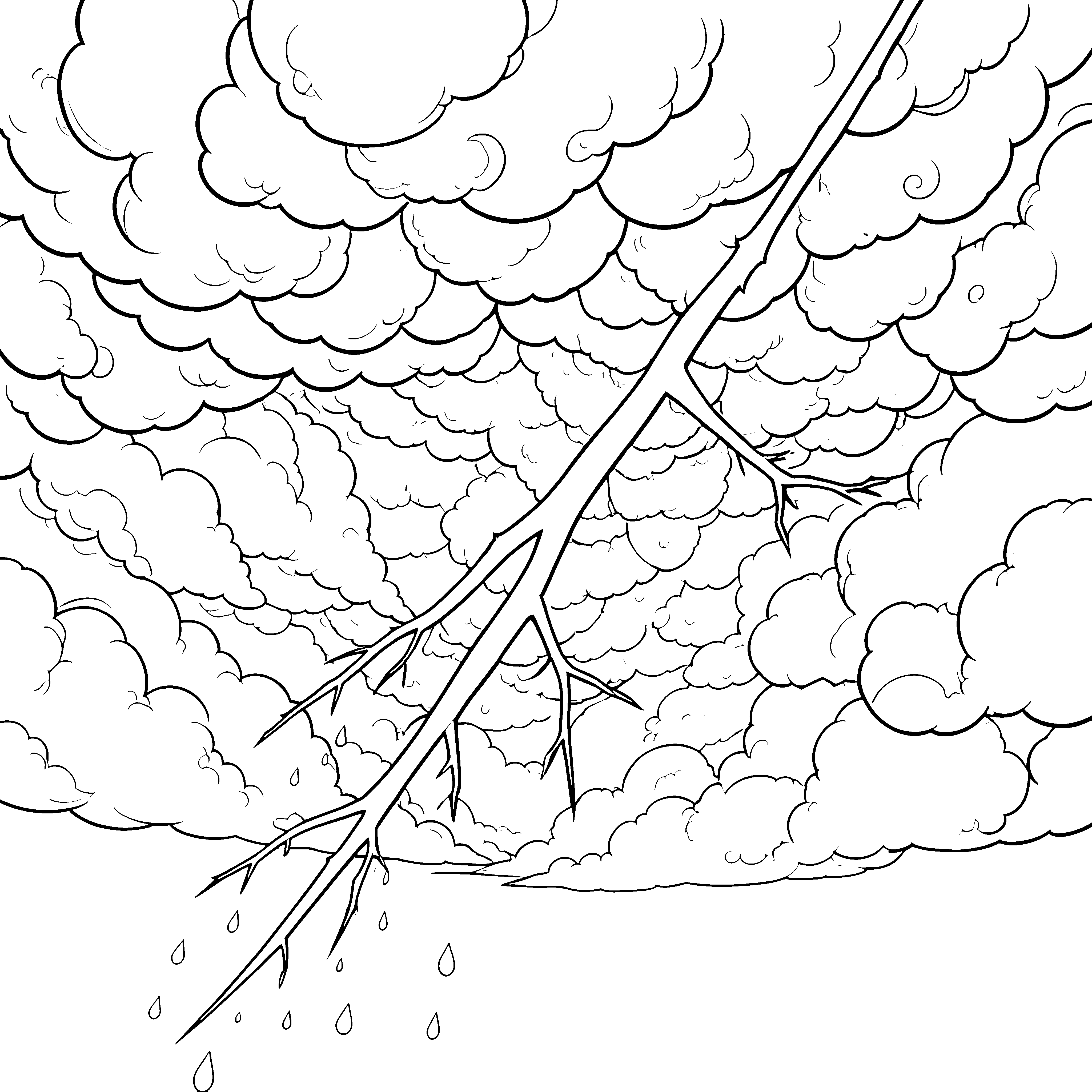 Wildes Gewitter mit Wolken und Ästen Bastelvorlage für junge Regenmacher