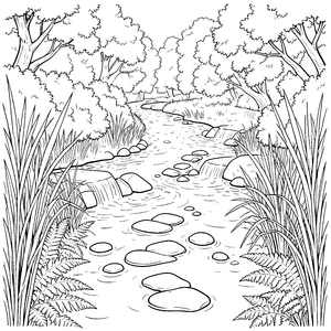 Sanfter Waldfluss mit Steinen Ausmalbild für verträumte Naturfreunde