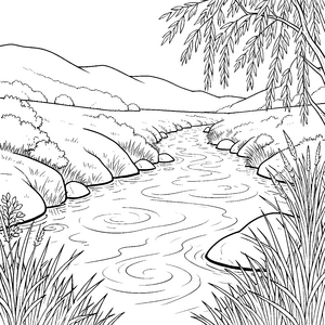 Kristallklarer Fluss mit Weidenzweigen Ausmalbild für Wasserfreunde