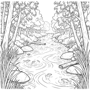 Wunderschöner Waldfluss mit springenden Fischen Malbild für neugierige Bachforscher