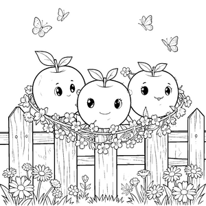 Niedliche Kawaii-Äpfel am Zaun Bastelvorlage für fröhliche Gartenfreunde