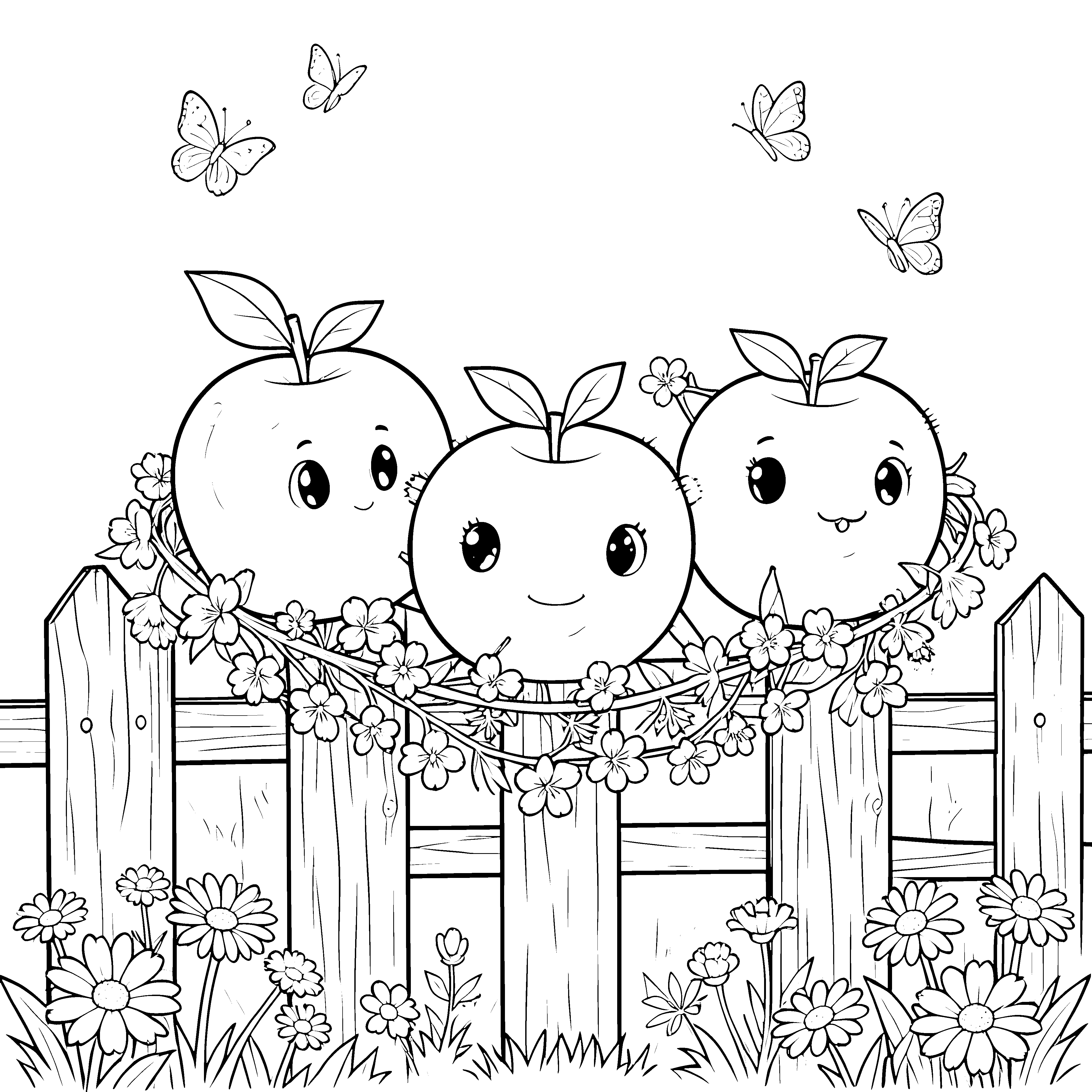 Niedliche Kawaii-Äpfel am Zaun Bastelvorlage für fröhliche Gartenfreunde