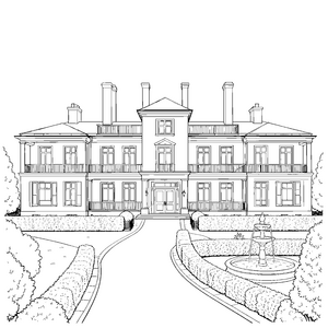 Symmetrische Villa mit Brunnen Ausmalvorlage für fröhliche Palastfreunde