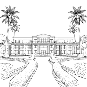 Exotische Villa mit Palmen Ausmalbild für mutige Urlauber