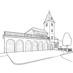 Stately Feuerwehrwache mit Turm und Garage Bastelvorlage für Fahrzeugfreunde