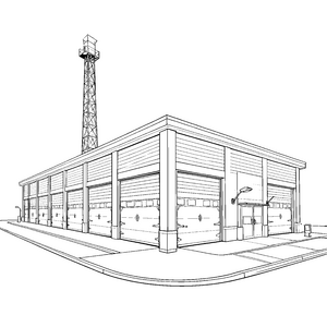 Hochmoderne Feuerwehrwache mit Turm Ausmalvorlage für mutige Gebäudebauer