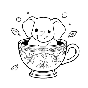Strahlender Elefant im Blumenbecher Ausmalbild für fröhliche Teegenießer