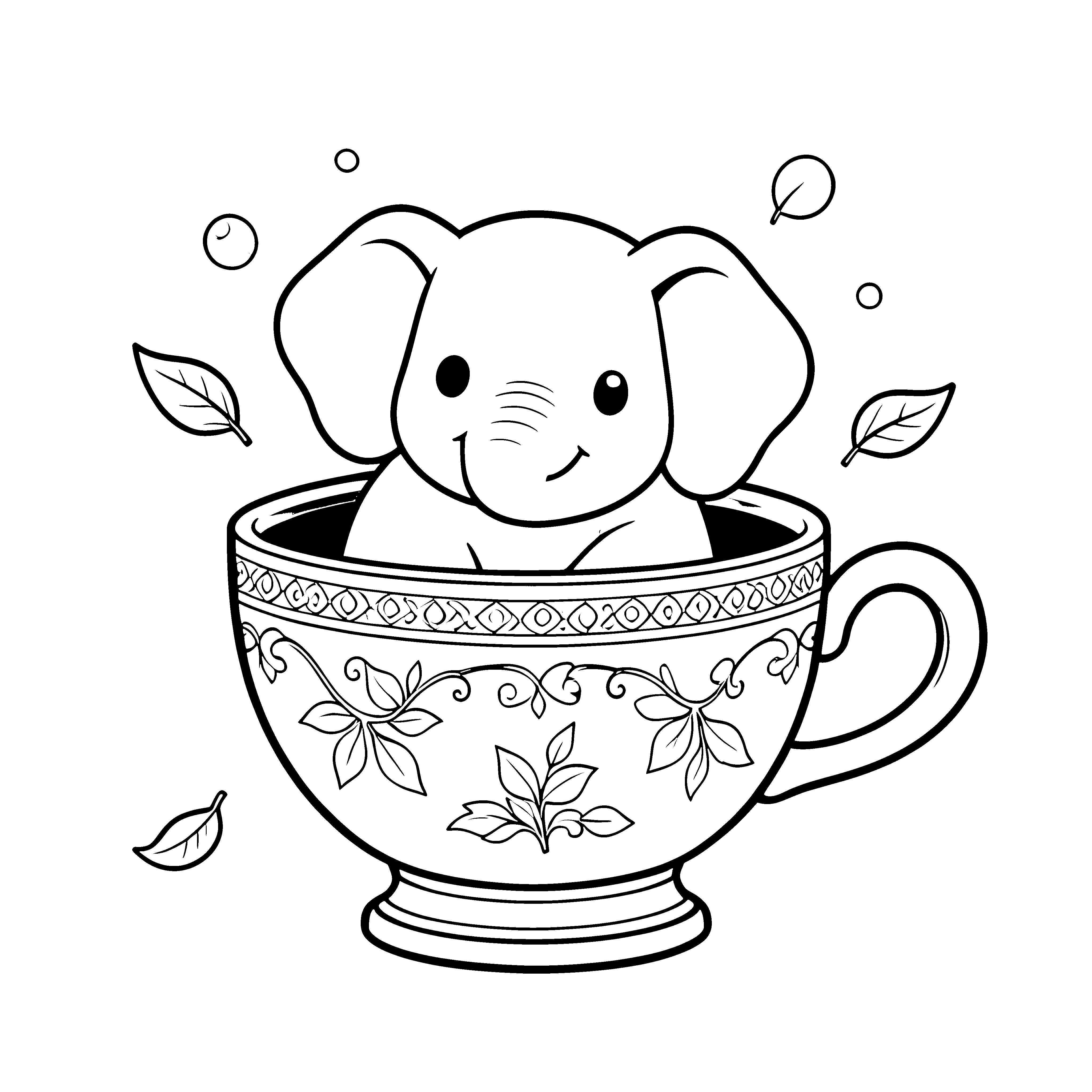 Strahlender Elefant im Blumenbecher Ausmalbild für fröhliche Teegenießer
