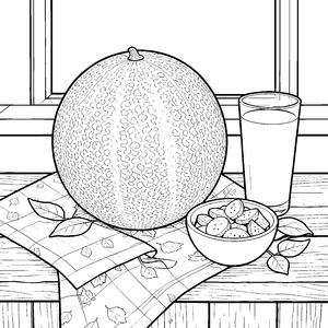 Frische Honigmelone mit Glas Ausmalvorlage für fröhliche Obstkenner