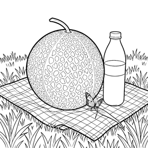 Große Honigmelone mit Flasche Ausmalvorlage für junge Picknickfreunde