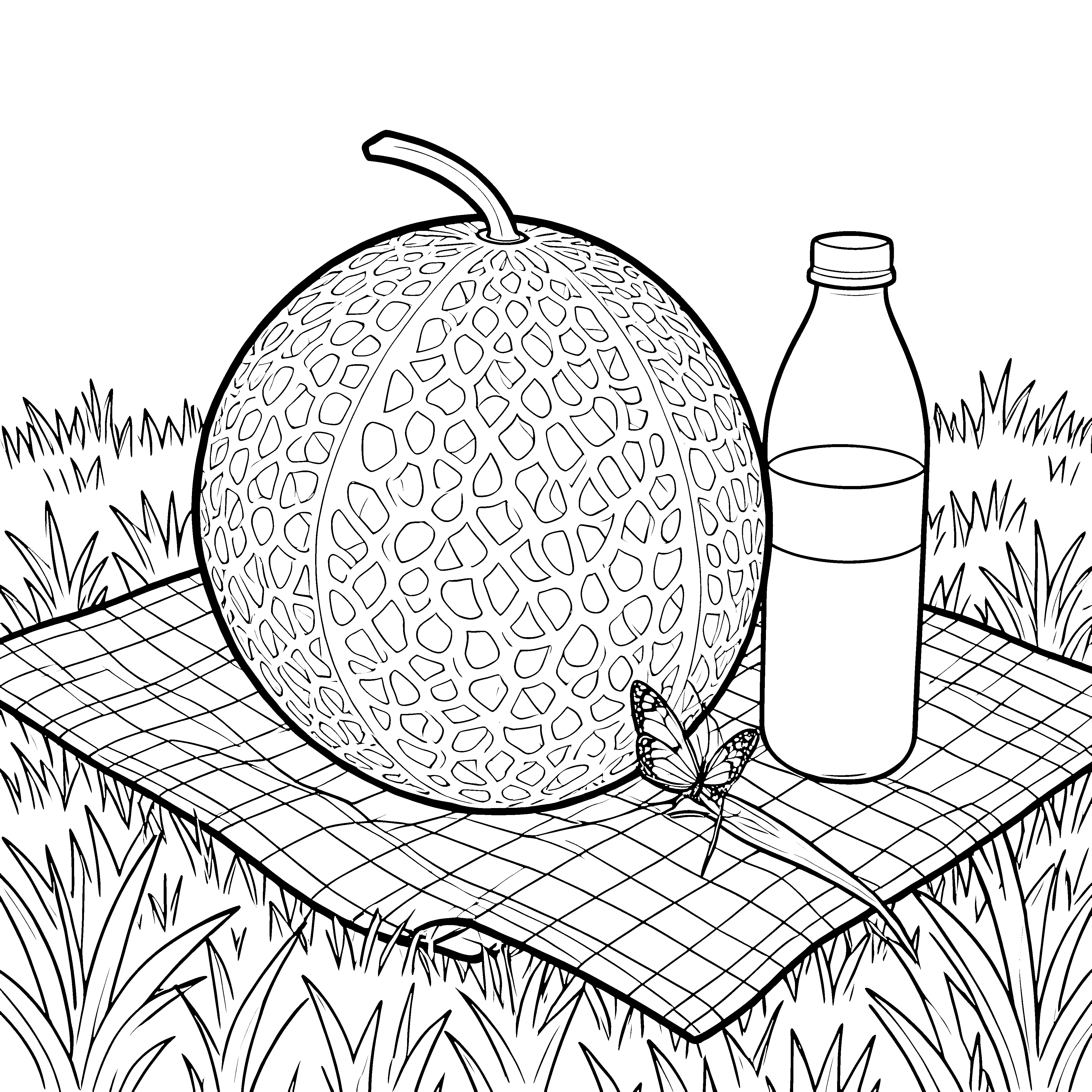 Große Honigmelone mit Flasche Ausmalvorlage für junge Picknickfreunde