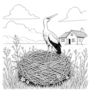 Wachsamer Storch im Nest Malvorlage für kleine Tierfreunde