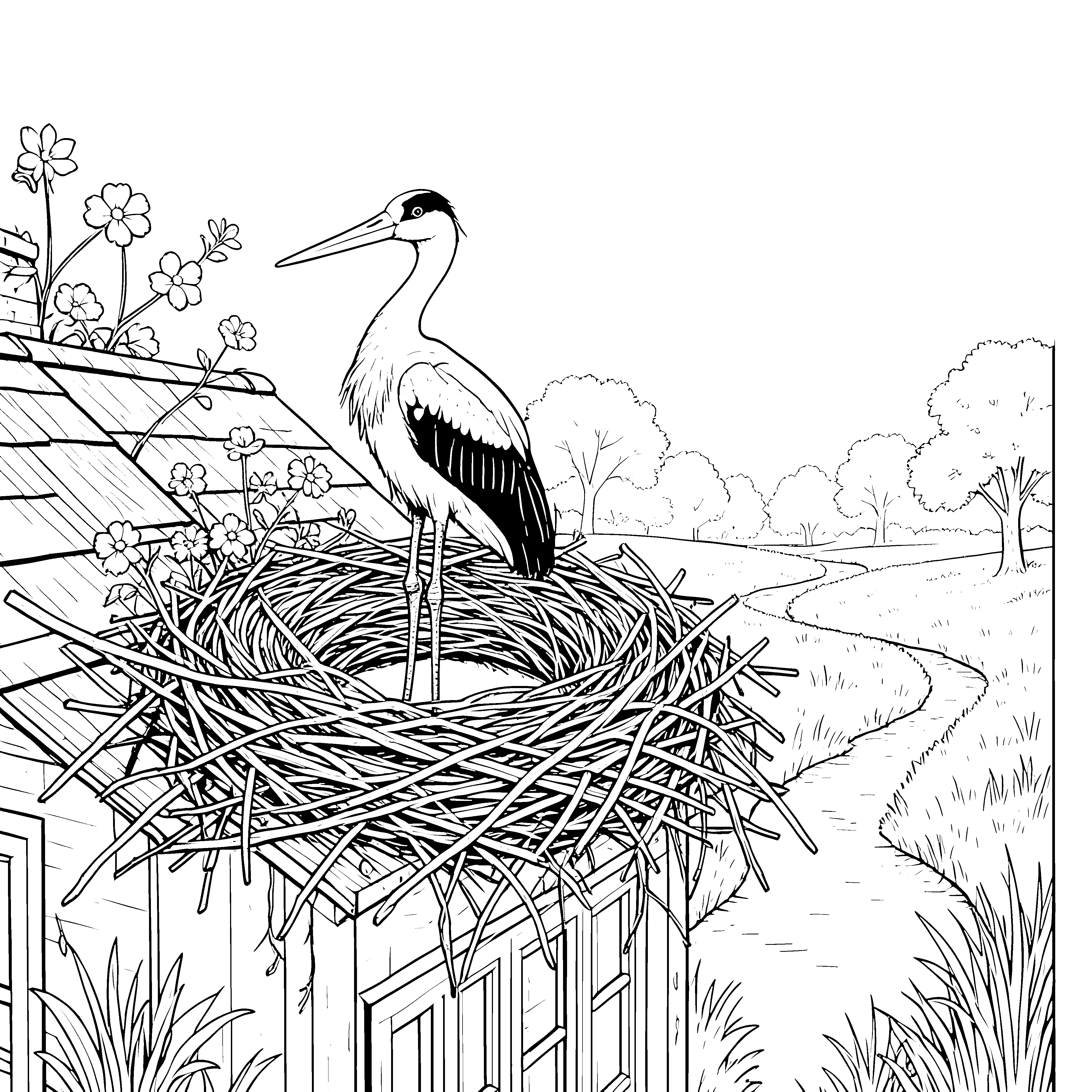 Edler Storch im Nest Malbild für kreative Gartenfreunde