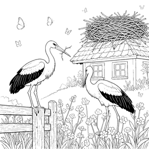 Beherzter Storch mit Zweig Malvorlage für mutige Naturfreunde