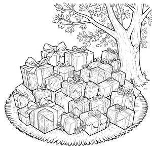 Reichhaltiger Geschenkhaufen unter dem Baum Bastelvorlage für malfreudige Paketfreunde