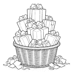 Überquellendes Geschenkkörbchen mit Schleifen Ausmalvorlage für Festtagsfreunde