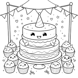 Fröhlicher Kawaii-Kuchen mit Cupcakes Malvorlage für kreative Feierfreunde