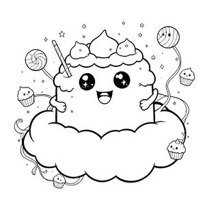 Fröhlicher Kawaii-Kuchen mit Lollipops Malvorlage für Naschkatzen