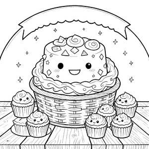 Verspielter Kawaii-Kuchen mit Cupcakes Malbild für Backliebhaber