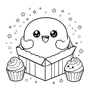 Glitzernder Kawaii-Kuchen mit Cupcakes Malvorlage für Süßigkeitenfans