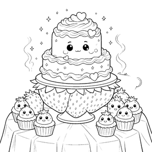 Magischer Kawaii-Kuchen mit Erdbeeren Bastelvorlage für Gebäckfreunde