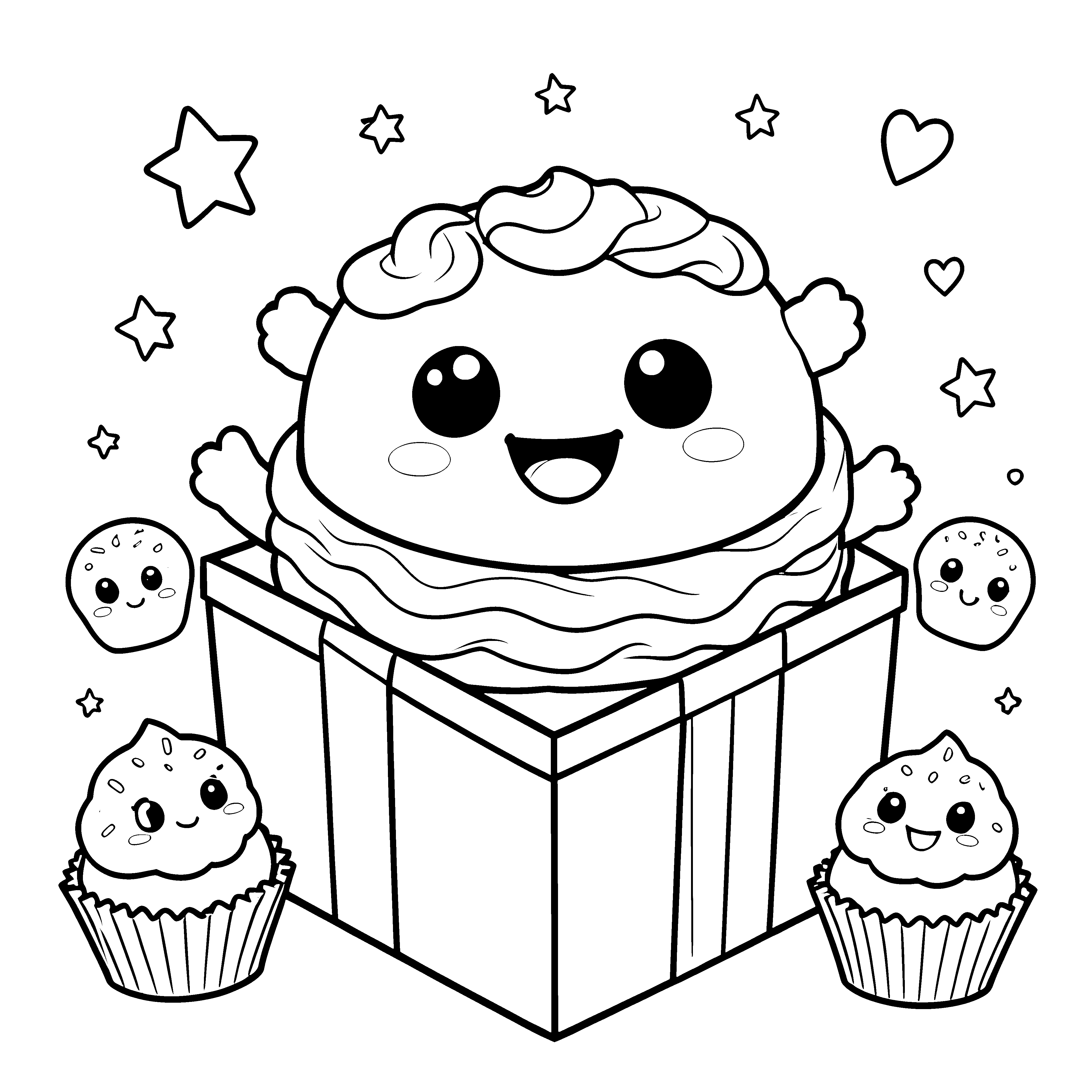 Strahlender Kawaii-Kuchen mit Cupcakes Ausmalbild für kreative Backgenies
