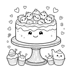 Süßer Kawaii-Kuchen mit Erdbeeren Malvorlage für neugierige Gebäckfreunde