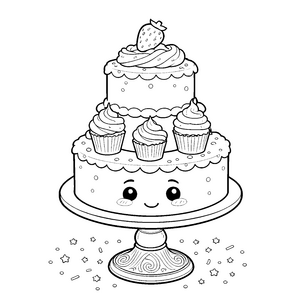 Fröhlicher Kawaii-Kuchen mit Erdbeere Ausmalbild für Dessertfans