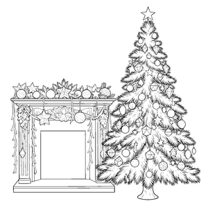Stilisierter Weihnachtsbaum mit Kamin Bastelvorlage für kreative Winterfreunde