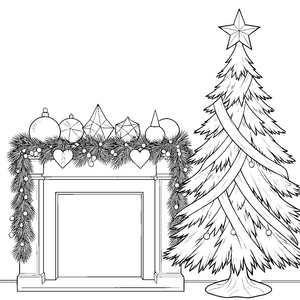 Festlicher Weihnachtsbaum mit Kamin Ausmalbild für kleine Tannenbaumfreunde