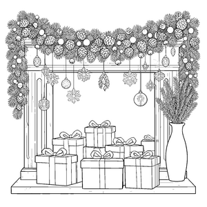 Festlicher Kamin mit Geschenken Ausmalbild für Weihnachtsfreunde