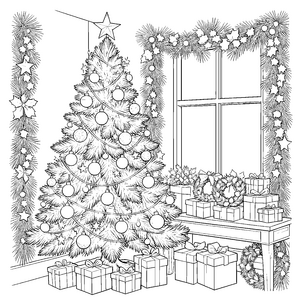 Zauberhafter Weihnachtsbaum mit Geschenken Malbild für kleine Adventsfreunde