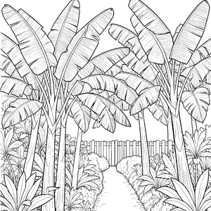 Dichte Bananenstauden mit Holzzaun Malbild für kleine Naturforscher