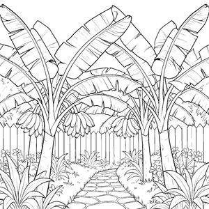 Dichte Bananenstauden mit Steinweg-Bastelmotiv für Gartenfreunde