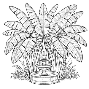 Stately Bananenstauden mit Brunnen Ausmalbild für neugierige Gartenfreunde