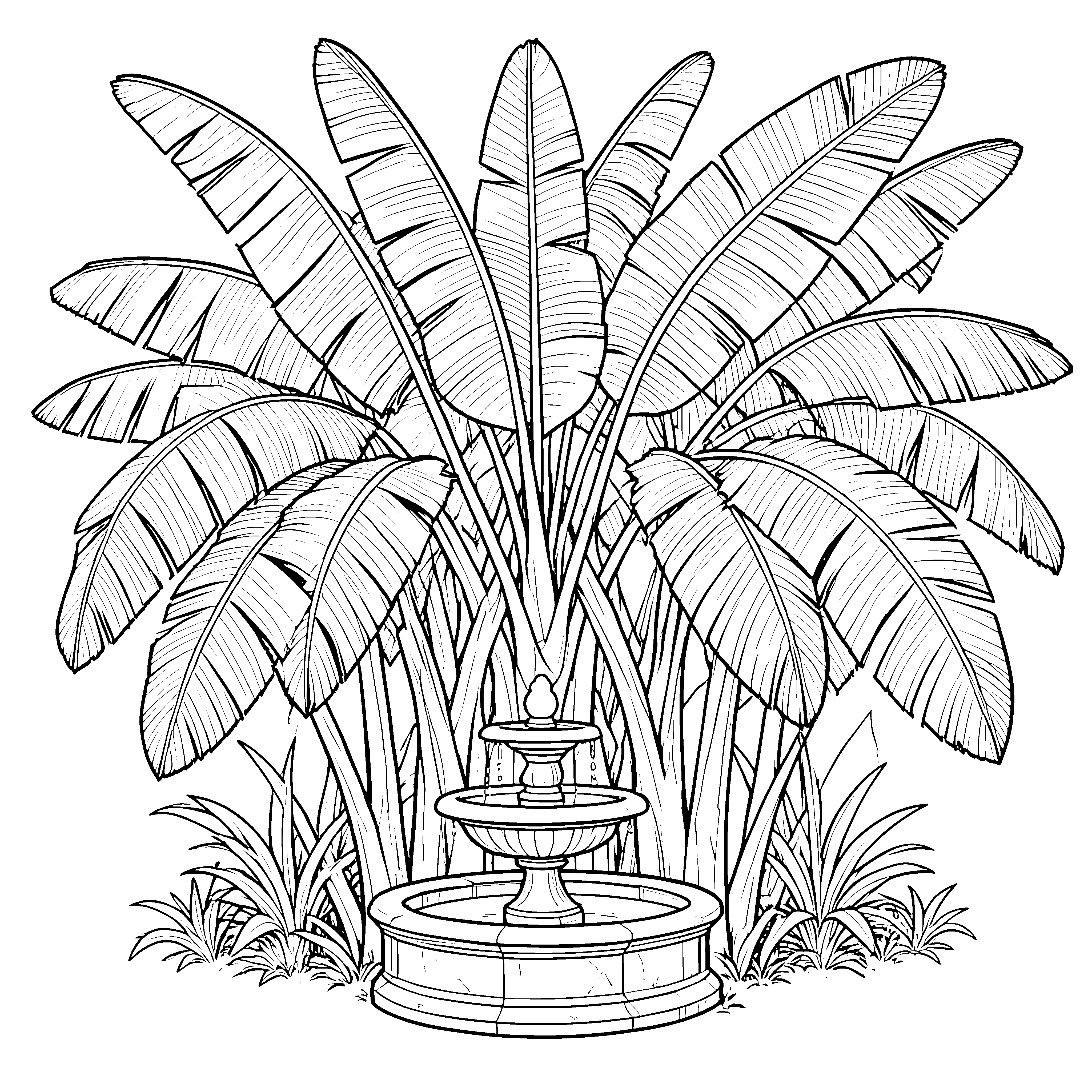 Stately Bananenstauden mit Brunnen Ausmalbild für neugierige Gartenfreunde