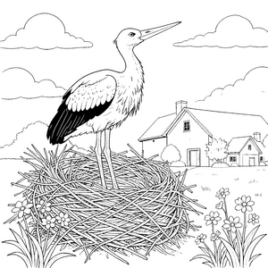 Sanfter Storch im Nest Malbild für fröhliche Bauernhoffreunde
